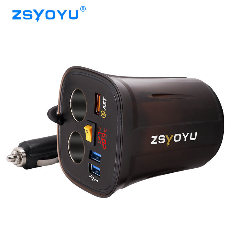 12V Dual Cigarette Lighter Plug Voltmeter Temperature Cup Holder Car Charger 3 Port USB Socket Charger For Car