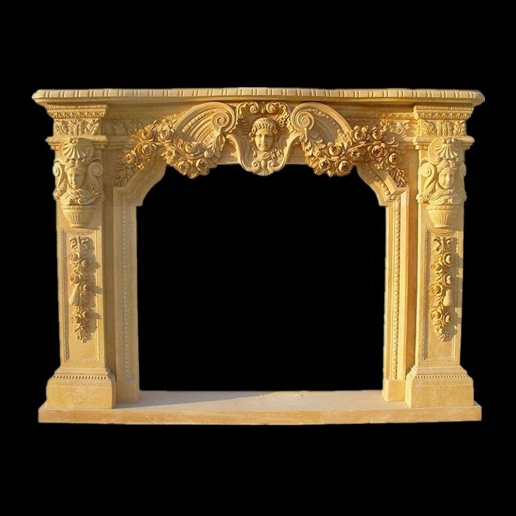 Good Value Beige Travertine Fireplace Mental Stone Mantel With Lion Statue