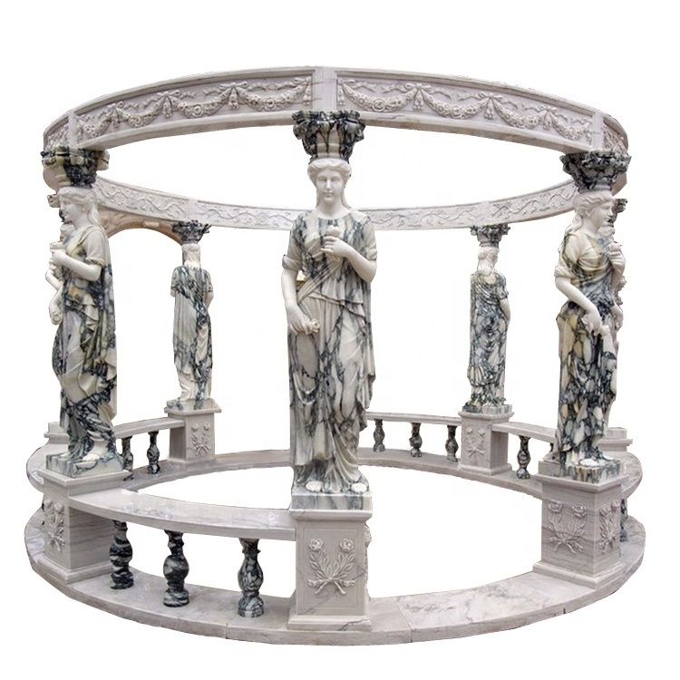 Garden decor new design marble gazebo with statues stone pergola gazebo with roman female sculpture