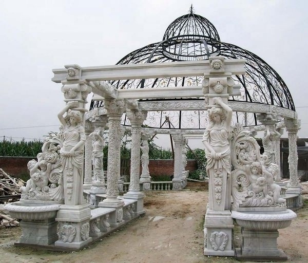 Garden decor new design marble gazebo with statues stone pergola gazebo with roman female sculpture