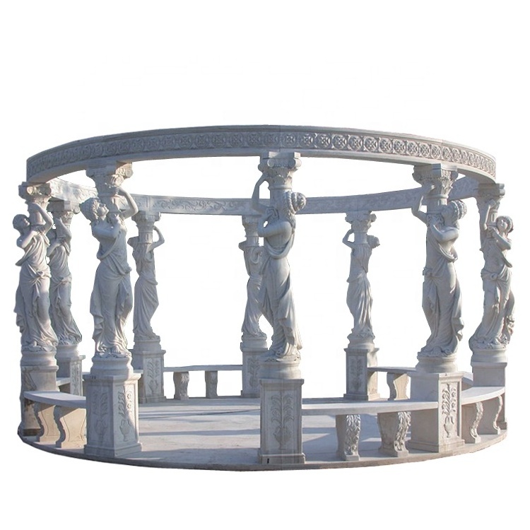 Garden decor new design marble gazebo with statues stone pergola gazebo with roman female sculpture