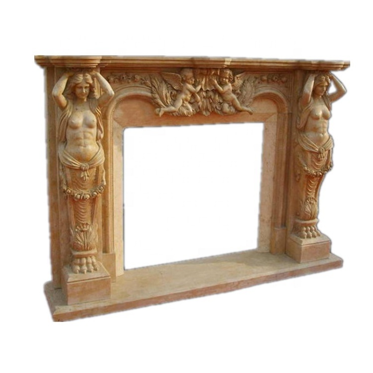 Yellow Marble French Style Tabletop Fireplace Woman Statue Marble Fireplaces Mantel