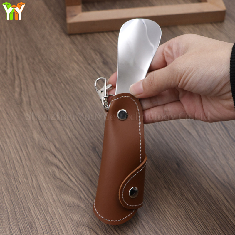 Custom Metal PU Leather Shoehorn Stainless Steel Shoe Horn Pocket Shoehorn Key Holder Shoe Wearing Tools