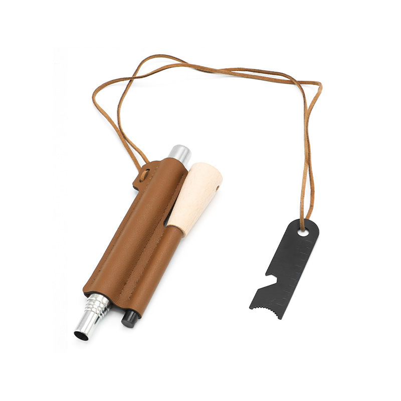 Outdoor Camping Fire Starter Bushcraft Wood Handle Flint and Steel Fire Starter Fire Bellows Leather Sheath Survival Tool Kit