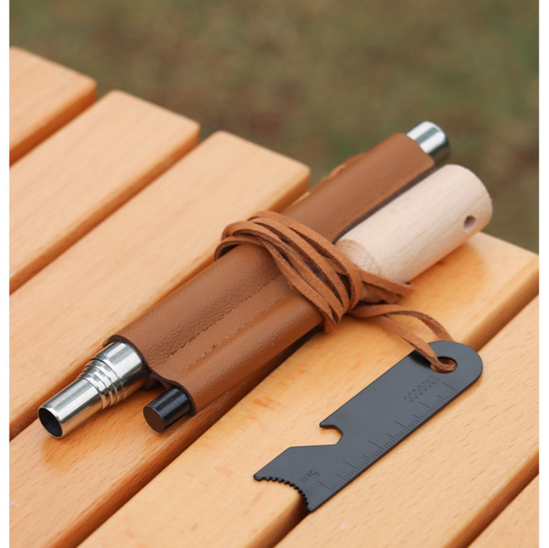 Outdoor Camping Fire Starter Bushcraft Wood Handle Flint and Steel Fire Starter Fire Bellows Leather Sheath Survival Tool Kit