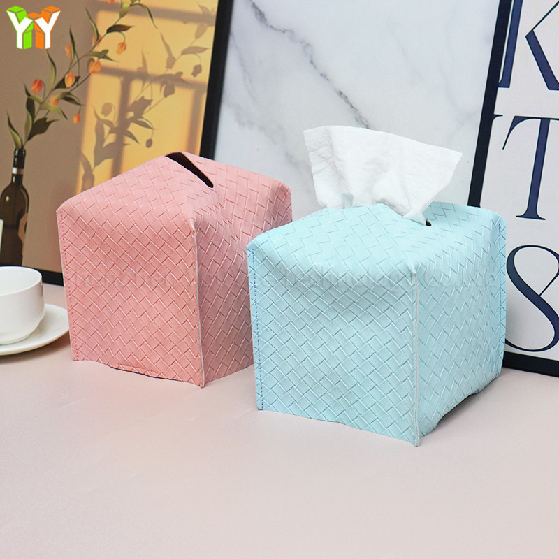 Spot Goods Hot Sale Woven PU Leather Tissue Box Cover Facial Paper Organizer Dispenser Square Tissue Box Holder