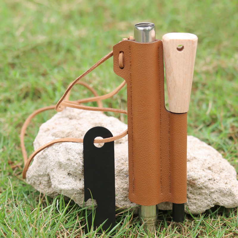 Outdoor Camping Fire Starter Bushcraft Wood Handle Flint and Steel Fire Starter Fire Bellows Leather Sheath Survival Tool Kit