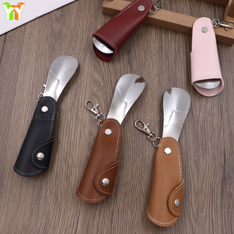 Custom Metal PU Leather Shoehorn Stainless Steel Shoe Horn Pocket Shoehorn Key Holder Shoe Wearing Tools