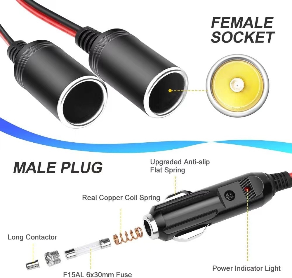 2Pcs Fused DC Male Car Cigarette Lighter Socket Plug Connector Cable Leads 12V~24V