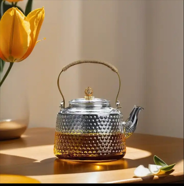 high Borosilicate Glass Teapot With Copper Handle Blooming And Loose Leaf Tea Kettle With Spring Tea Filter