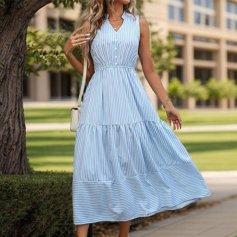 Spring/Summer American And European Premium Blue and White Vertical Stripe Waist Wrap V-neck A-line Skirt Sleeveless Dress