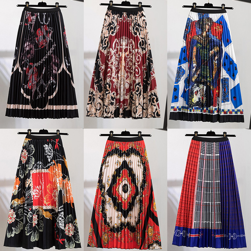 Summer Midi Skirts Women Printed Elastic High Waist A Line Swing Pleated Skirt