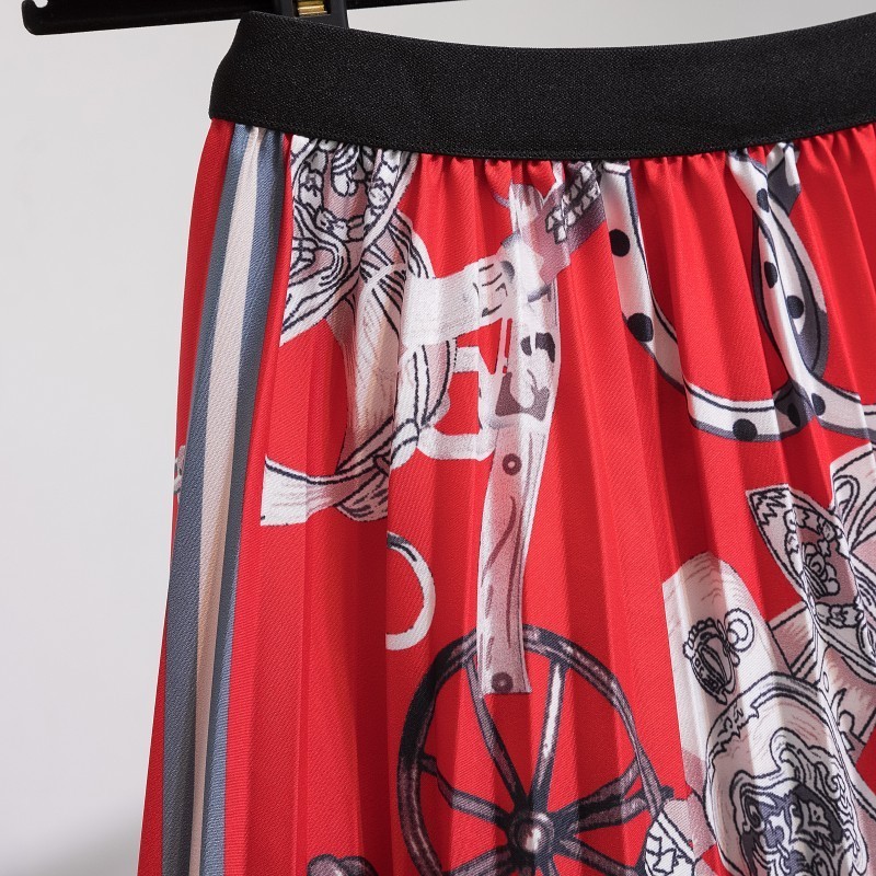 Summer Midi Skirts Women Printed Elastic High Waist A Line Swing Pleated Skirt