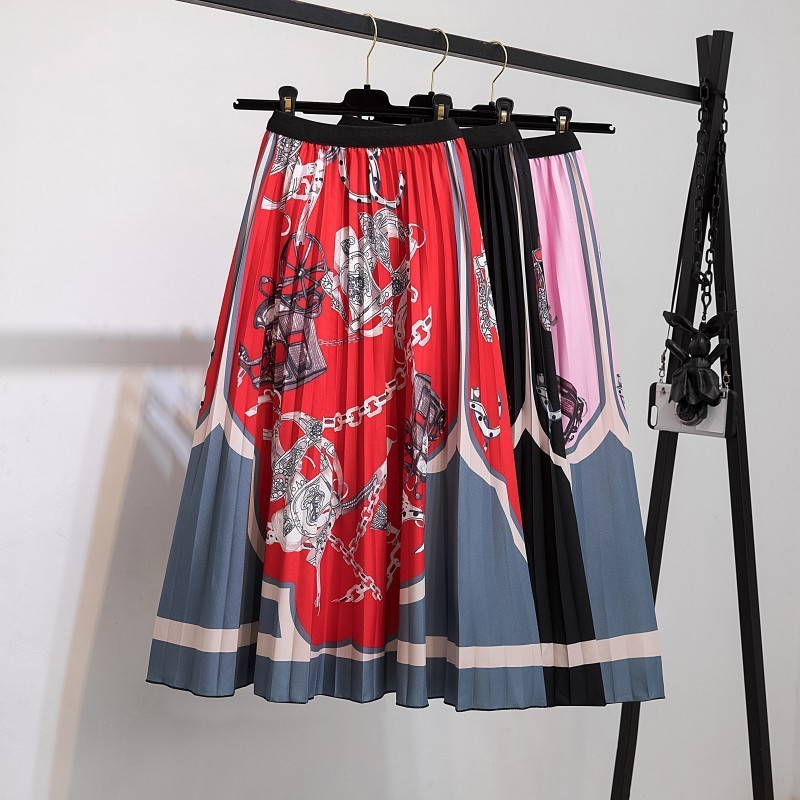 Summer Midi Skirts Women Printed Elastic High Waist A Line Swing Pleated Skirt