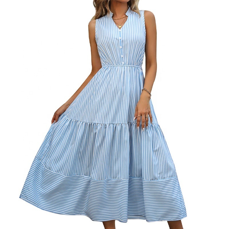 Spring/Summer American And European Premium Blue and White Vertical Stripe Waist Wrap V-neck A-line Skirt Sleeveless Dress