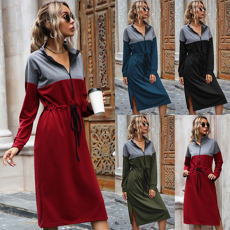 Korean dress winter patchwork red long gown dress casual dresses women elegant