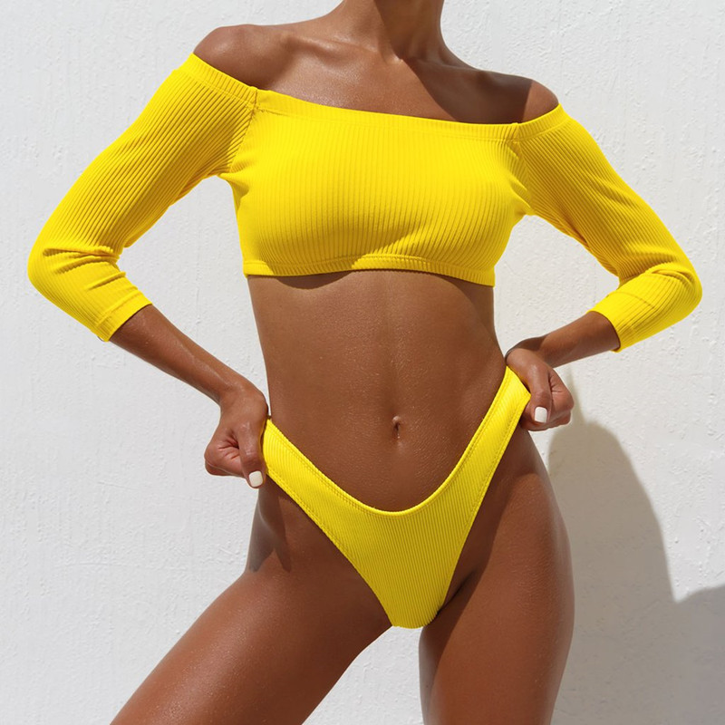 Swimwear Sexy Crotchless Off Shoulder Women Thong Bikini and Long Sleeve Swimsuit