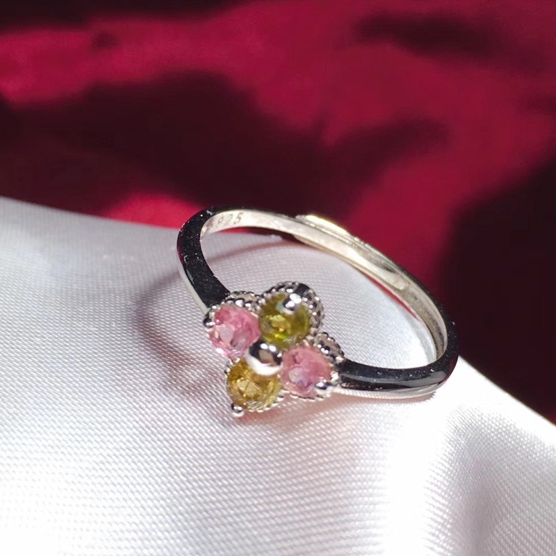 Wholesale 925 Silver Four Leaf Clover Halo Ring With Watermelon Tourmaline Fashion Ring