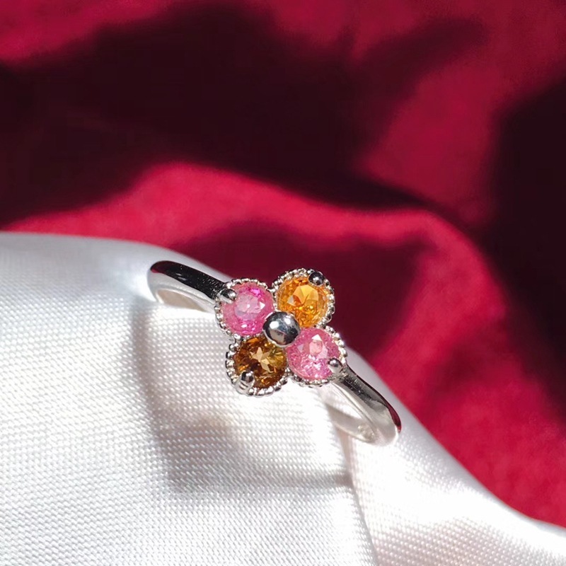 Wholesale 925 Silver Four Leaf Clover Halo Ring With Watermelon Tourmaline Fashion Ring