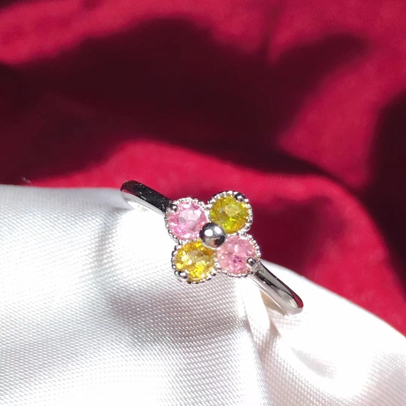 Wholesale 925 Silver Four Leaf Clover Halo Ring With Watermelon Tourmaline Fashion Ring