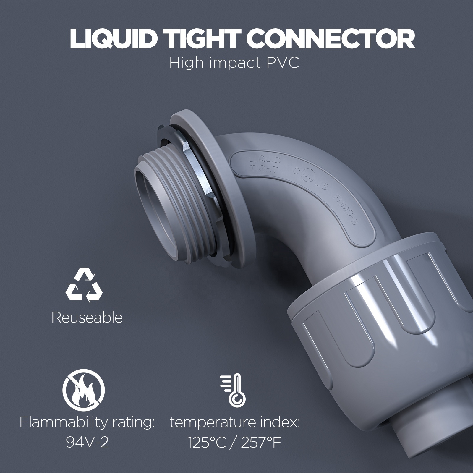 1-1/4 inch Non-metallic Liquid Tight Conduit Connectors for Electrical PVC Flexible Conduit Fittings NPT 90 Degree Grey