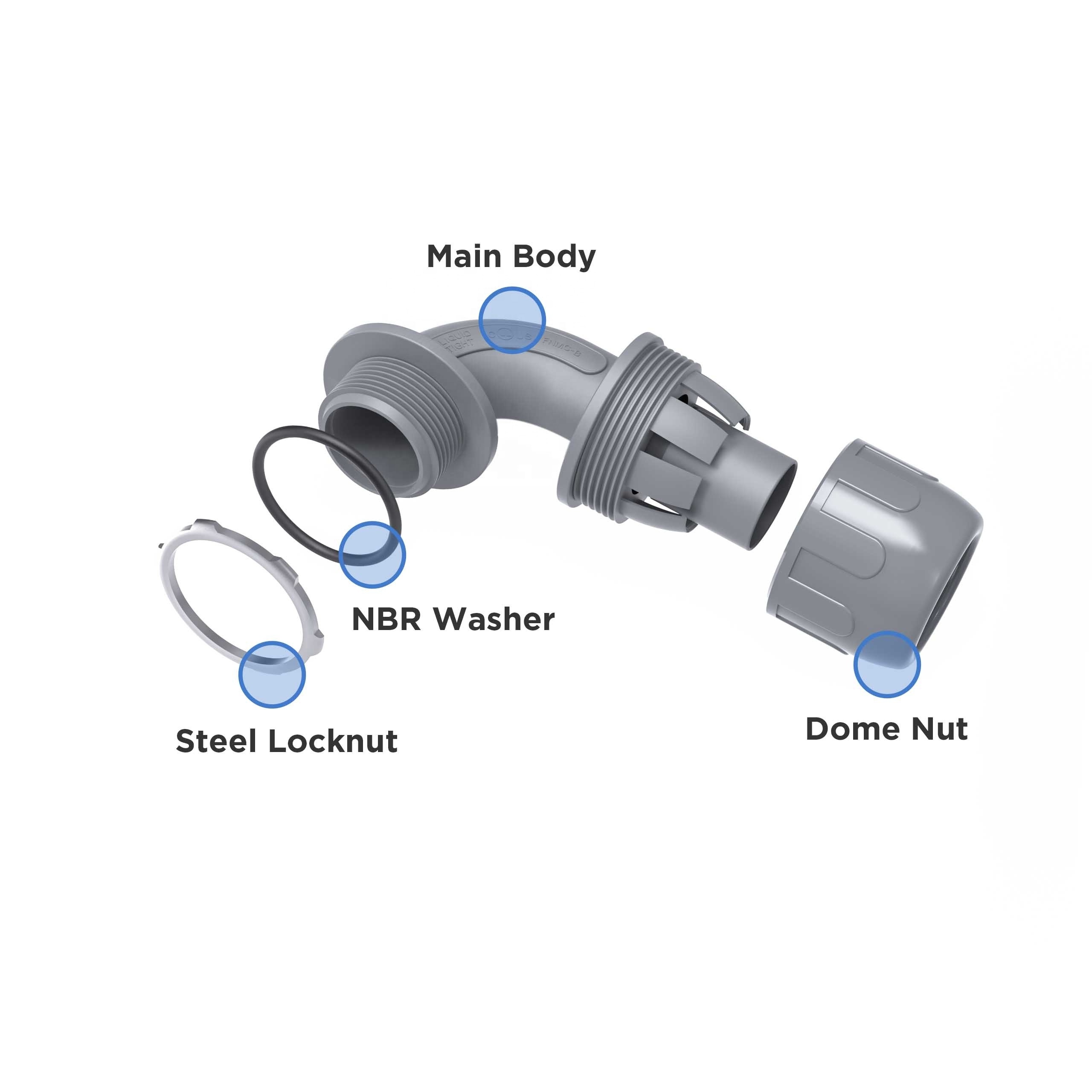 1/2 inch Non-metallic Liquid Tight Conduit Connectors for Electrical PVC Flexible Conduit Fittings NPT 90 Degree Grey