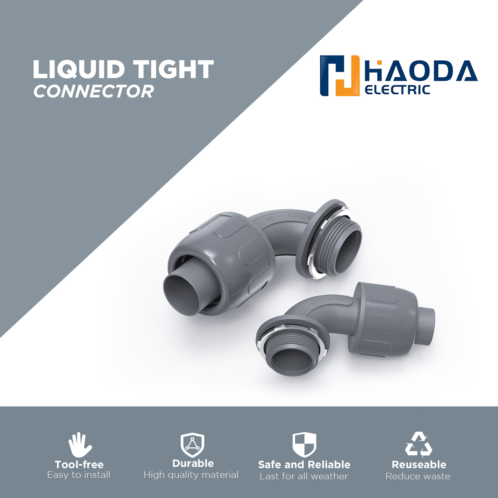 1-1/4 inch Non-metallic Liquid Tight Conduit Connectors for Electrical PVC Flexible Conduit Fittings NPT 90 Degree Grey