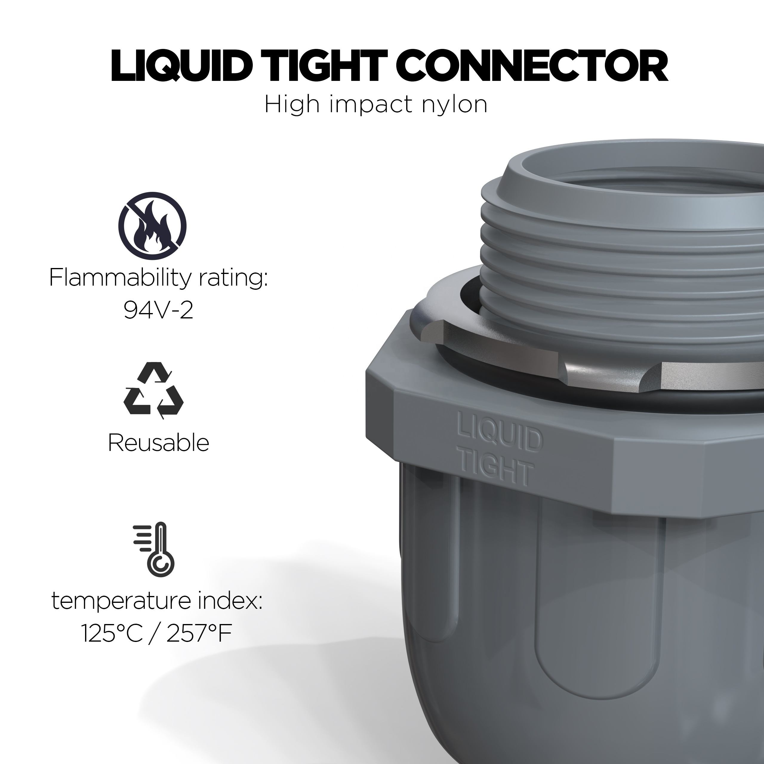 1/2 inch Conduit Connectors Non-metallic Liquid Tight for Electrical PVC Conduit Fittings NPT Straight and 90 Deg Grey