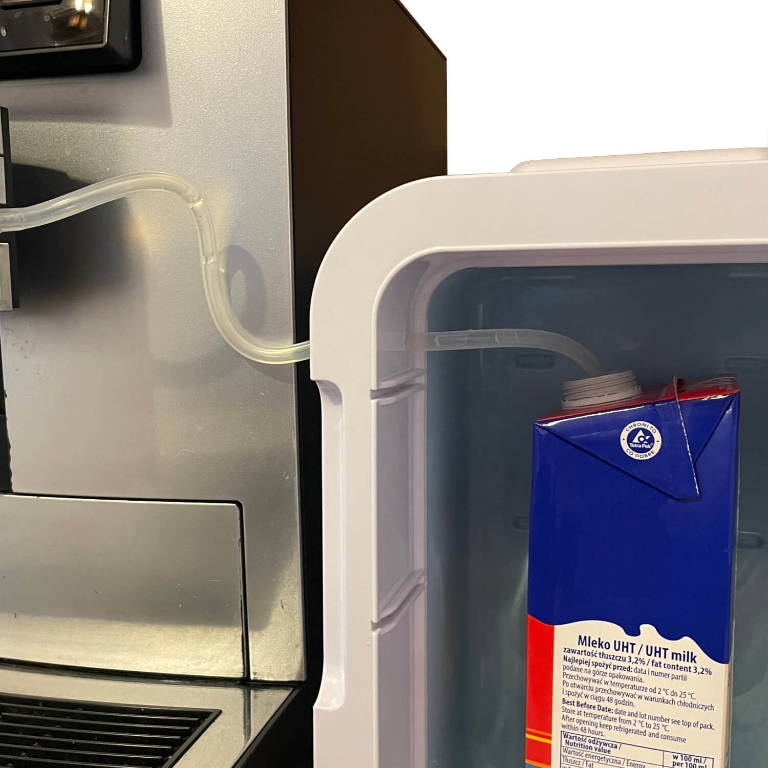 coffee shop use 8L mini fridge with tube holes for milk cool and displayed right next to Expresso Espresso Coffee Maker Machine