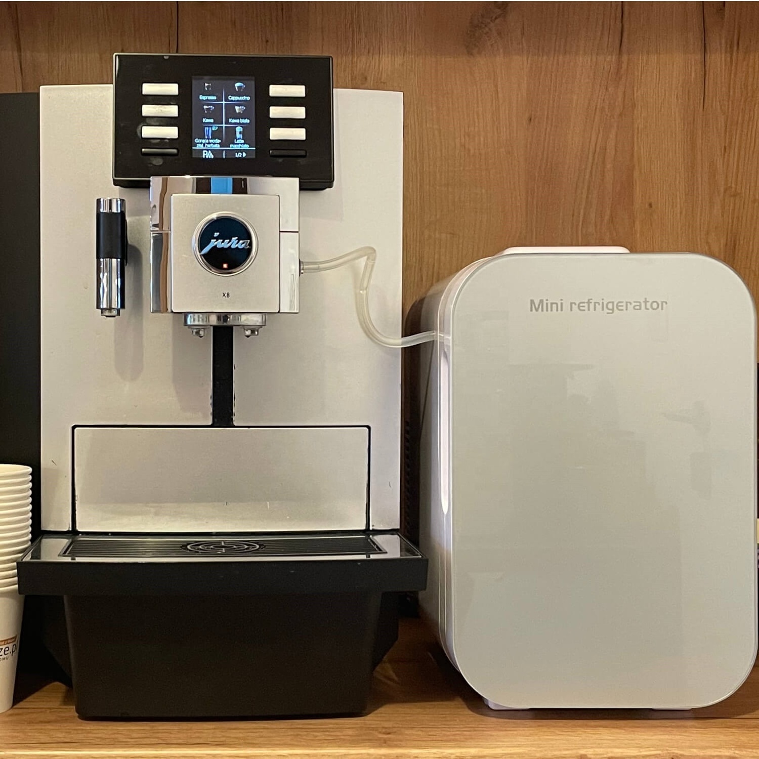 coffee shop use 8L mini fridge with tube holes for milk cool and displayed right next to Expresso Espresso Coffee Maker Machine