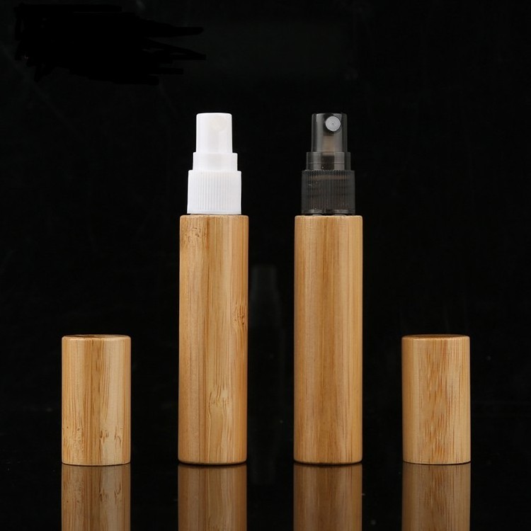 Natural Bamboo Lid 10ml Refillable Perfume Atomizer Fine Mist Spray Bottle with PP Cap Glass Body for Cosmetics Packaging