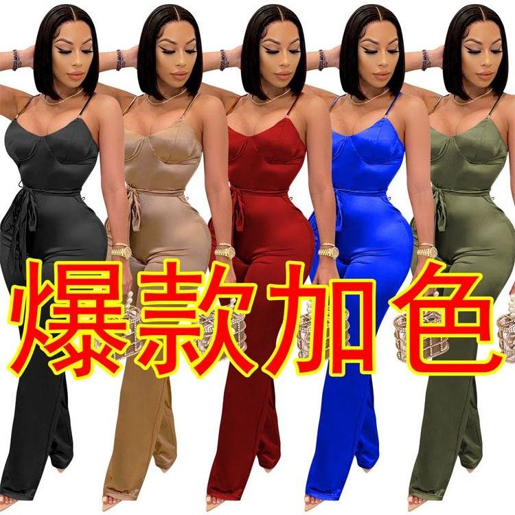 High Waist Belt Solid Halter Sleeveless Womens Jumpsuits Summer Ladies One Piece Jumpsuits Summer