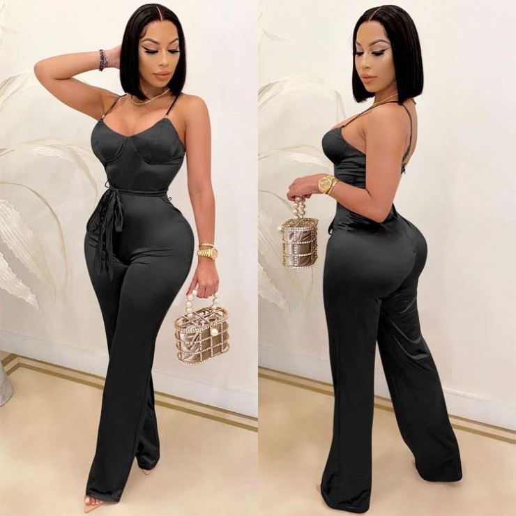 High Waist Belt Solid Halter Sleeveless Womens Jumpsuits Summer Ladies One Piece Jumpsuits Summer