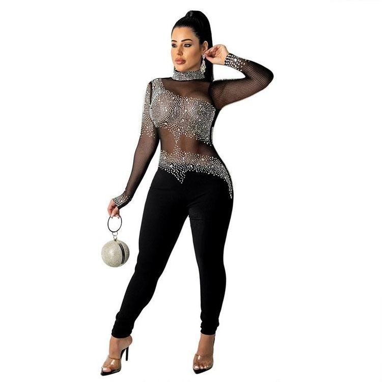 2022 Fashion See-through Hot Drill Trousers Sexy Long-sleeve One Piece Diamond Mech Jumpsuit