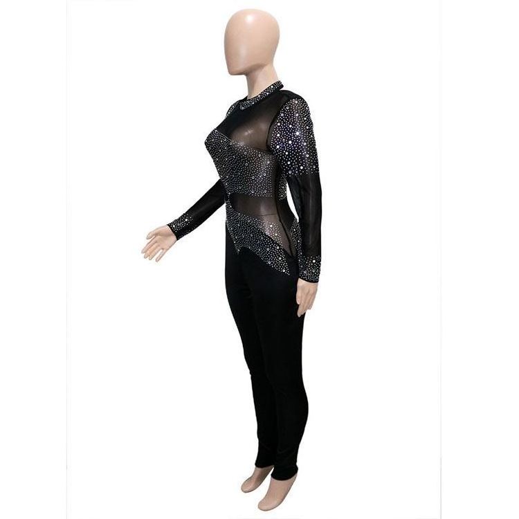 2022 Fashion See-through Hot Drill Trousers Sexy Long-sleeve One Piece Diamond Mech Jumpsuit