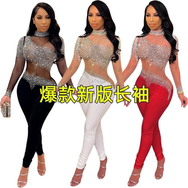 2022 Fashion See-through Hot Drill Trousers Sexy Long-sleeve One Piece Diamond Mech Jumpsuit