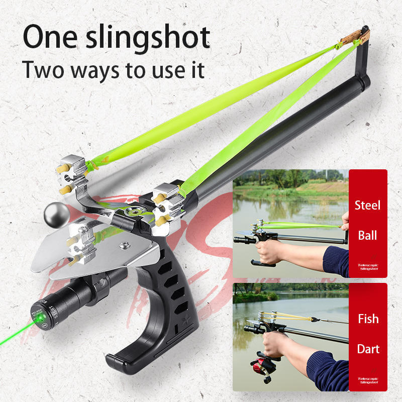 Red/Green Laser Long Rod Telescopic Catapult Remote Hunting Fishing Slingshot Three Stage Telescopic Slingshot