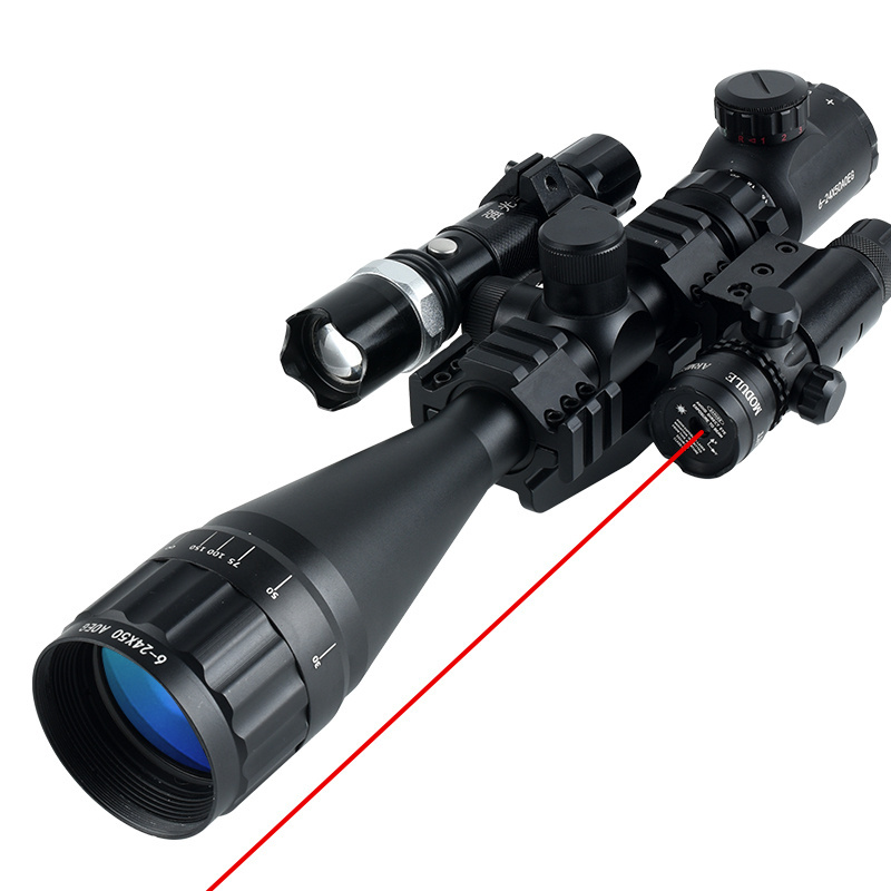 SYQT Flashlight with 6-24X50 AOEG Scope Red Laser Combination for Dark Night Hunting Accessories