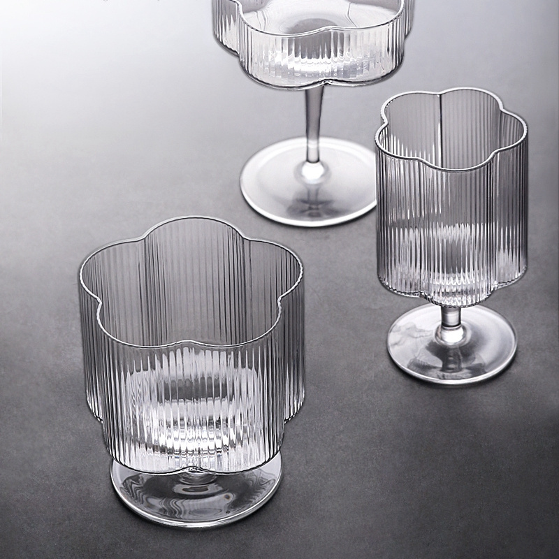 Clear Crystal Ribbed Glass Ice Cream Dessert Cup High Foot Beer Wine Tea Glasses Water Bottle Party Bar Restaurant Drinking Set