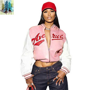 PinkPrint Baseball Jacket Club Outfit For Women 2023 Black Leather Patchwork Coat Casual Loose Zip Fly Top