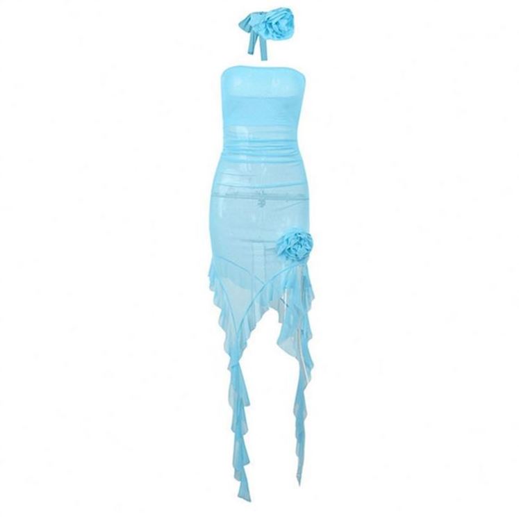 Mesh See Through Ruffles Tassels Fairy Dresses Flower Sexy Waist Wrapping Dress For Women Summer Beach Holiday Short Dressing