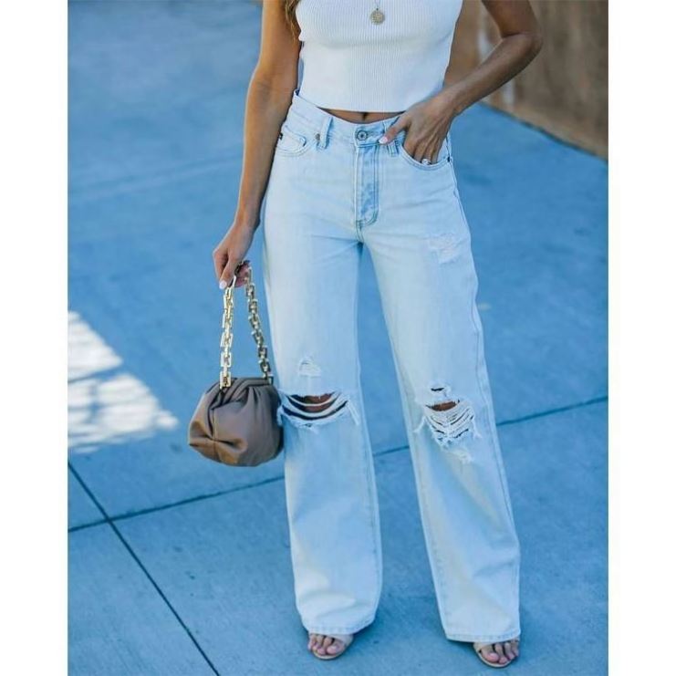 New fashion hole ripped denim custom vintage denim washed jean hot sale high waist womens mom jeans