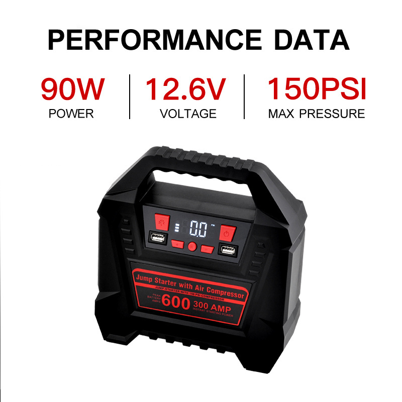 Car air compressor with jump starter with digital air tire inflator pressure gauge with chuck house