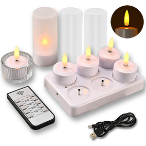 Set Of 12/6  3D Flameless Led Tea Light Candles Warm Light Rechargeable yellow flash tea candle with timing remote control