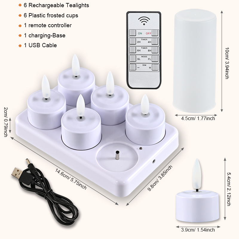 Set Of 12/6  3D Flameless Led Tea Light Candles Warm Light Rechargeable yellow flash tea candle with timing remote control