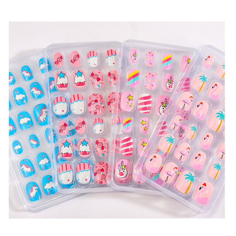 New 24 pcs/box Kids Press on Nails Cartoon Printing Back Glue False Nail