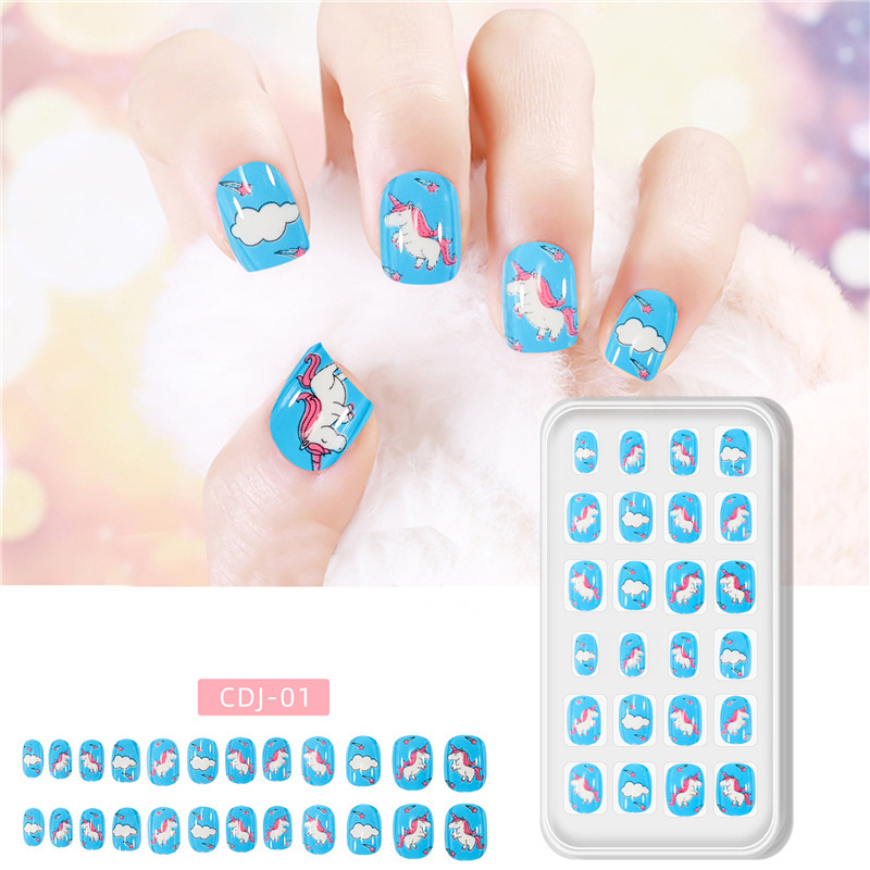 New 24 pcs/box Kids Press on Nails Cartoon Printing Back Glue False Nail