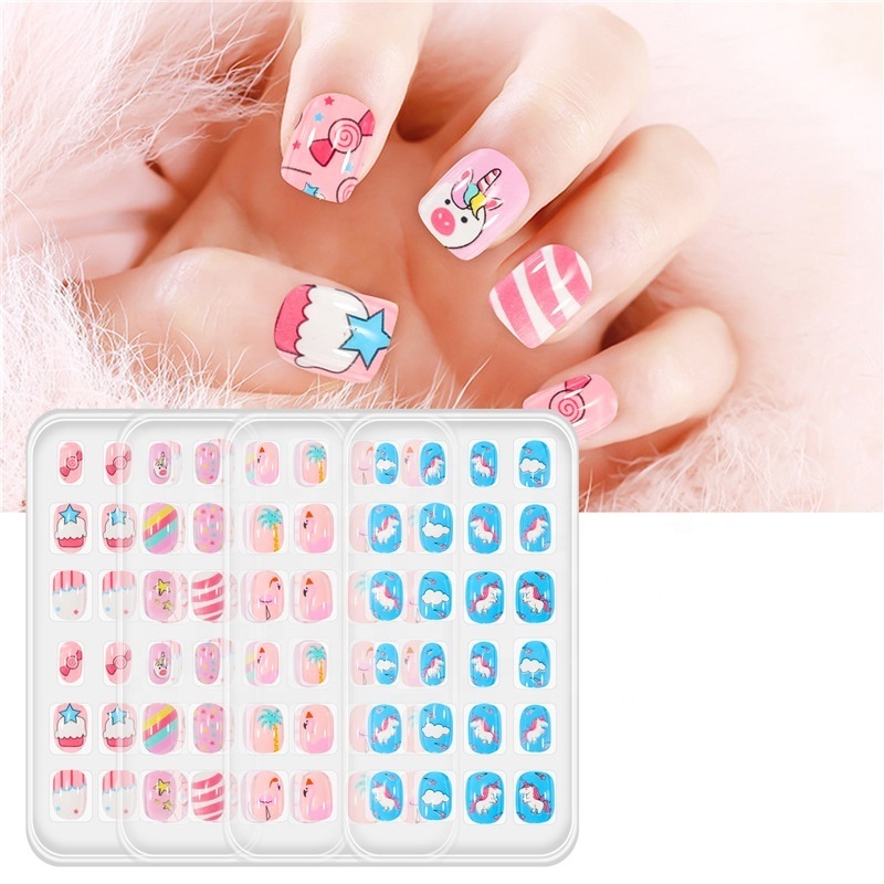 New 24 pcs/box Kids Press on Nails Cartoon Printing Back Glue False Nail