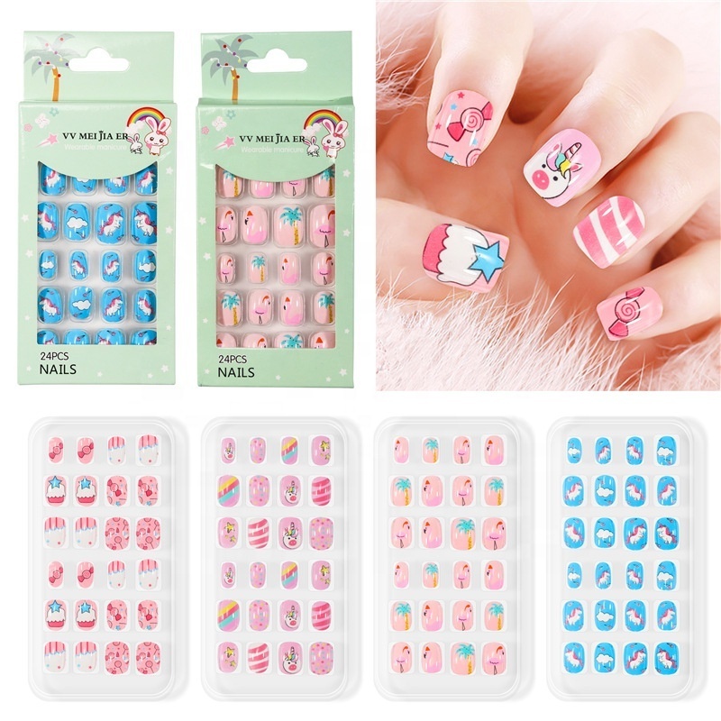 New 24 pcs/box Kids Press on Nails Cartoon Printing Back Glue False Nail