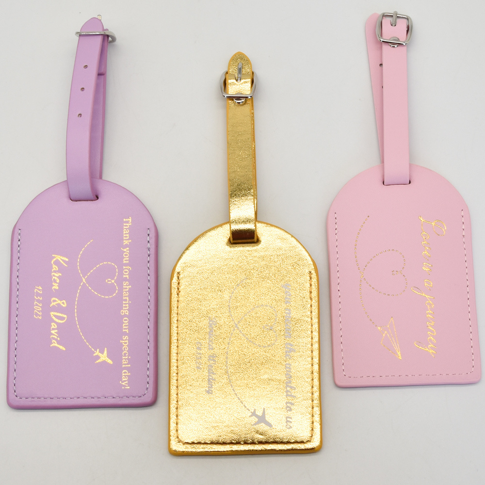 Wholesale bulk wedding favor gift custom logo embossed gold silver stamping blue pink pu faux leather luggage tags